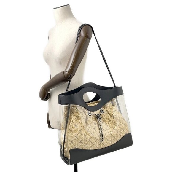 CHANEL Matelasse 2-Way Tote Plastics/Leather/Raffia Transparent/Black/Beige ... - Picture 2 of 14